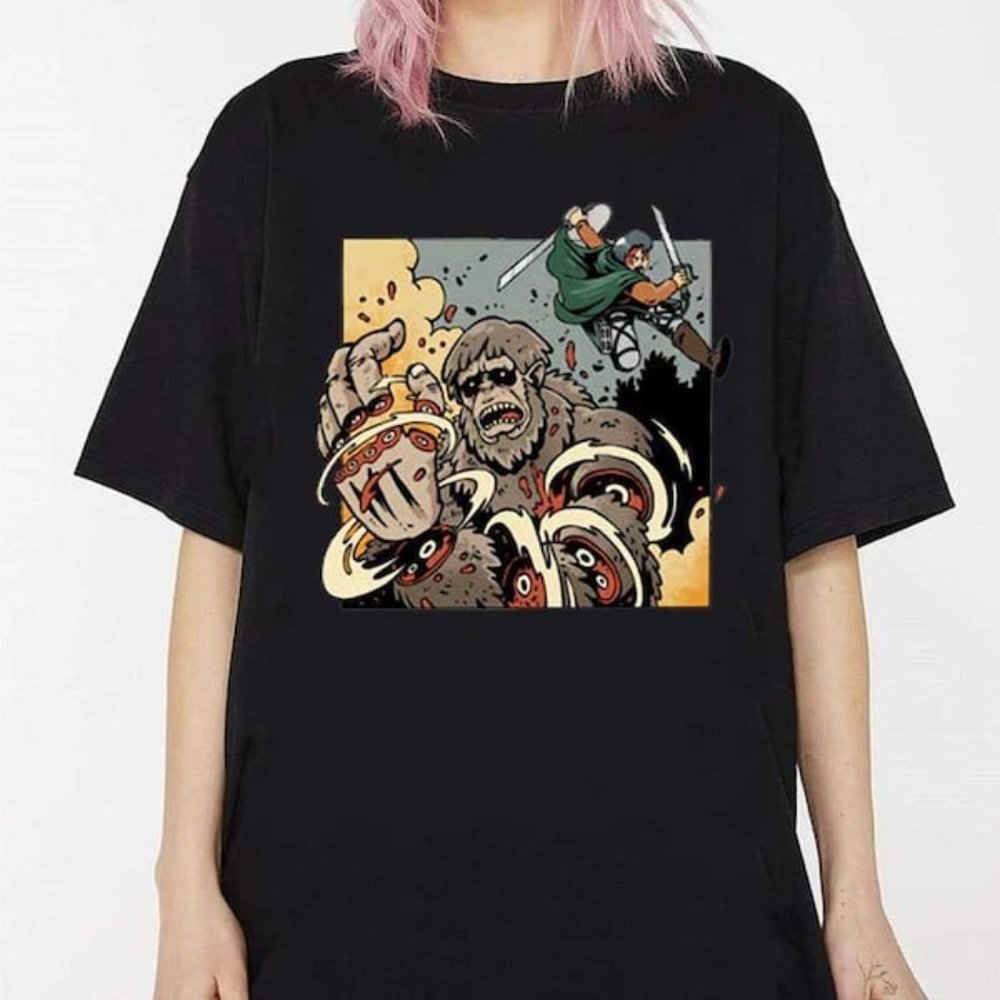 T-Shirt Attack On Titan Avec Le Titan Colossal Et Kanji – Look Manga Anime
